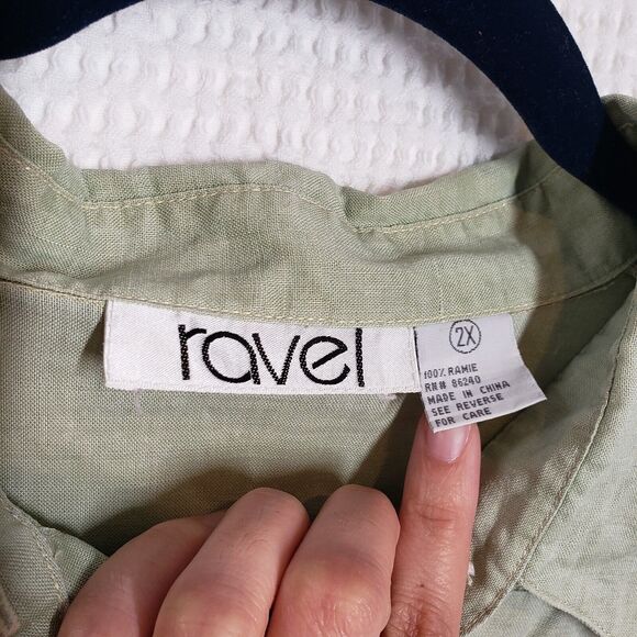Vintage Ravel Button Up Shirt Women 2X Sage Green Short Sleeve Ramie Coastal - Picture 3 of 16